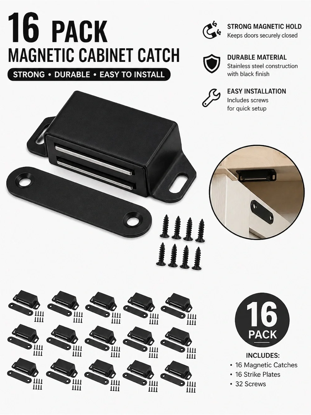 16 Pack Heavy Duty Magnetic Cabinet Door Catches Black w/ Screws